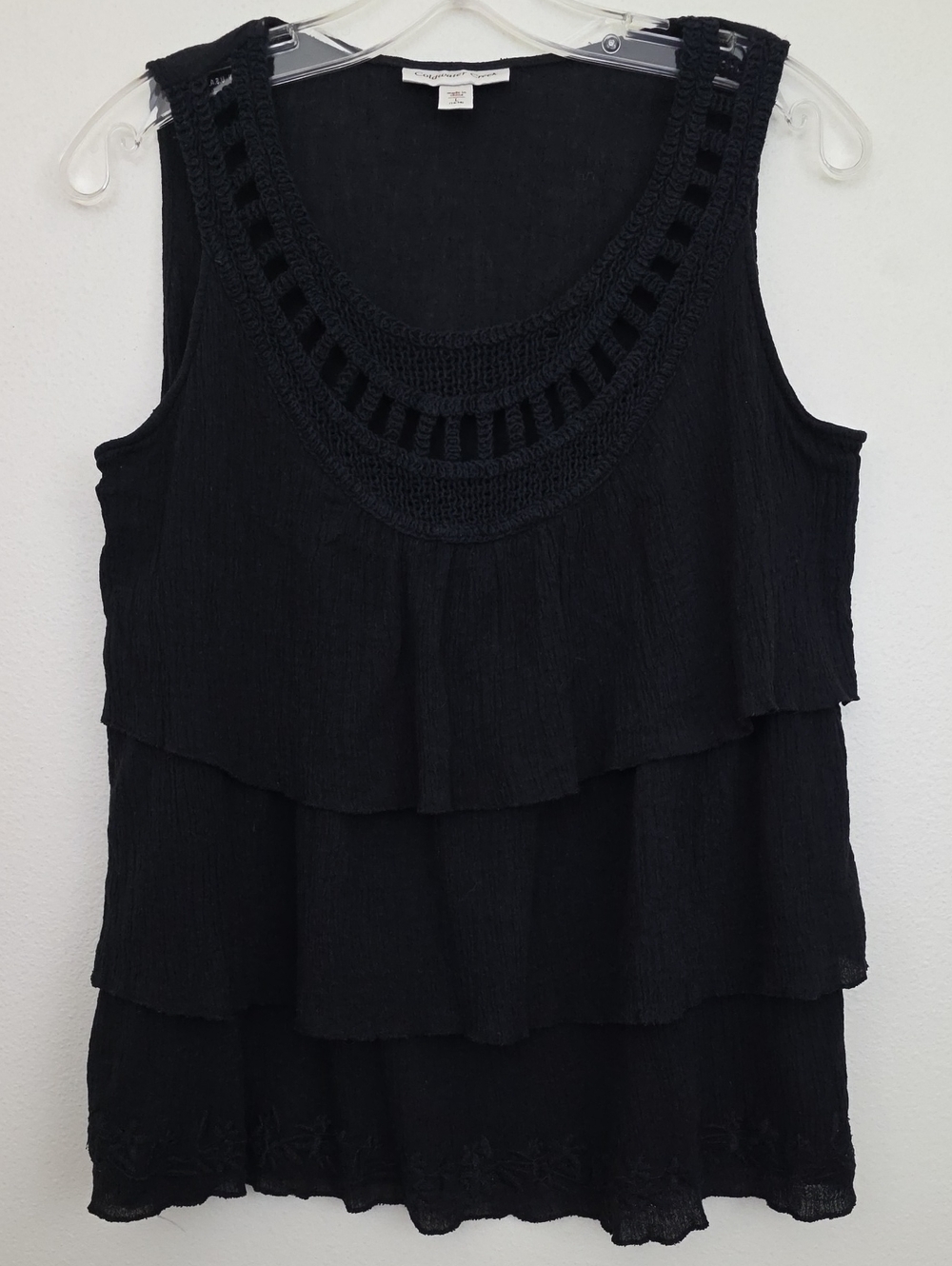 Coldwater Creek Black Cotton Gauze Sleeveless Crochet Embroidered Ruffles Top L